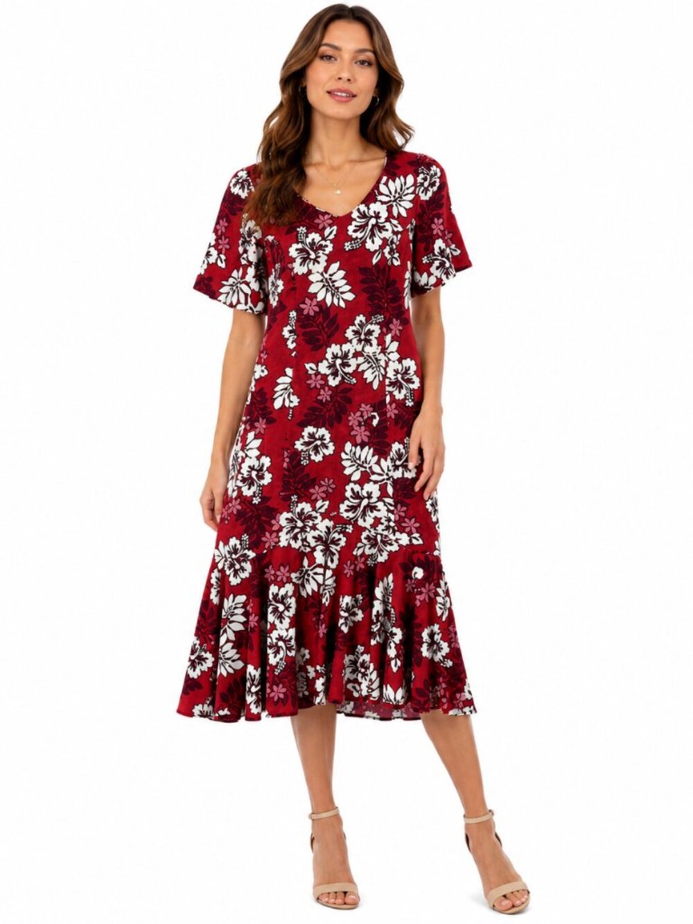 Vintage Hilo Hattie Hawaiian Mermaid‎ Midi Dress Red Floral Cotton Women M